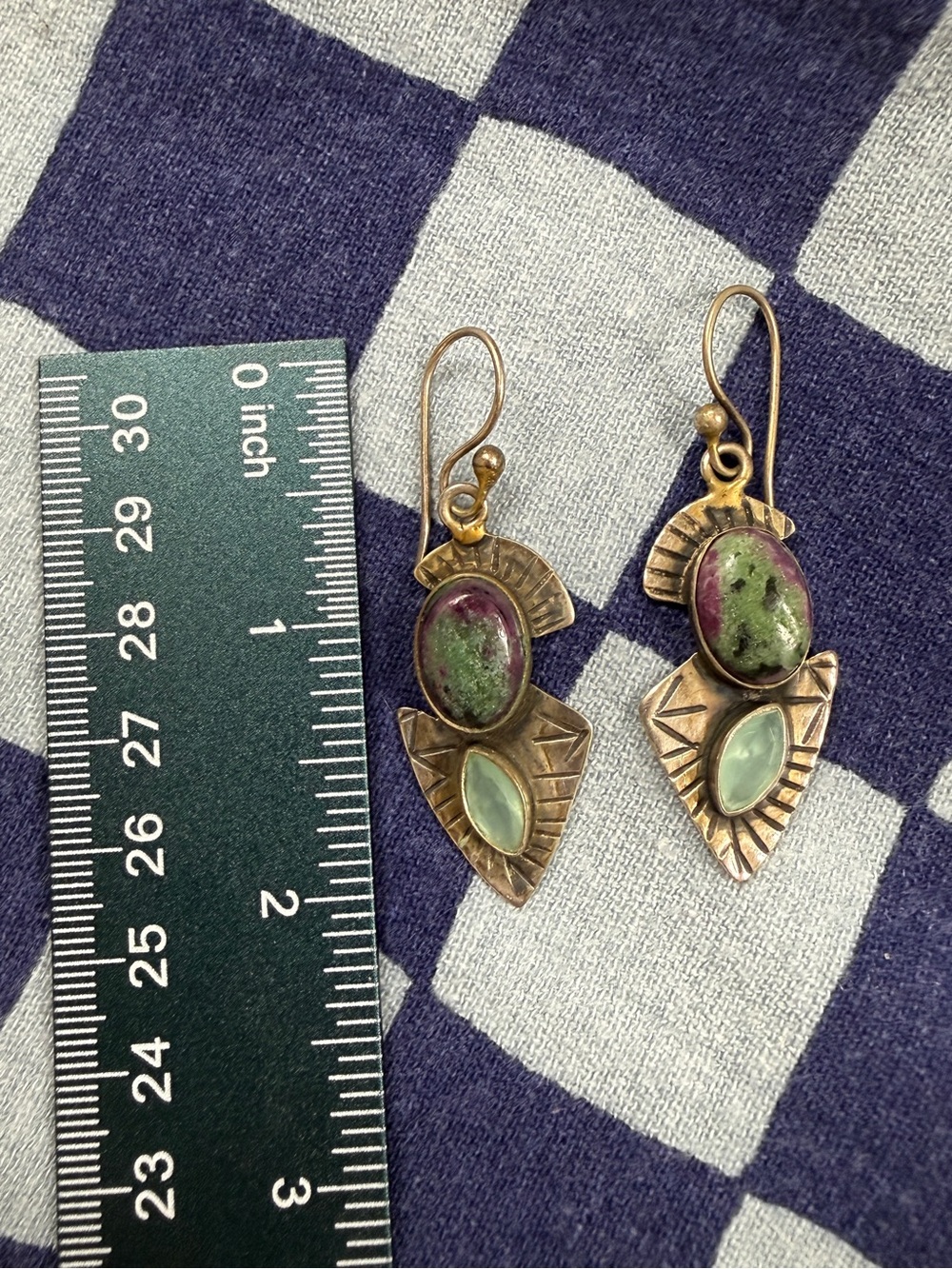 Handcrafted Green and Pink Stone Drop Earrings - Unbranded